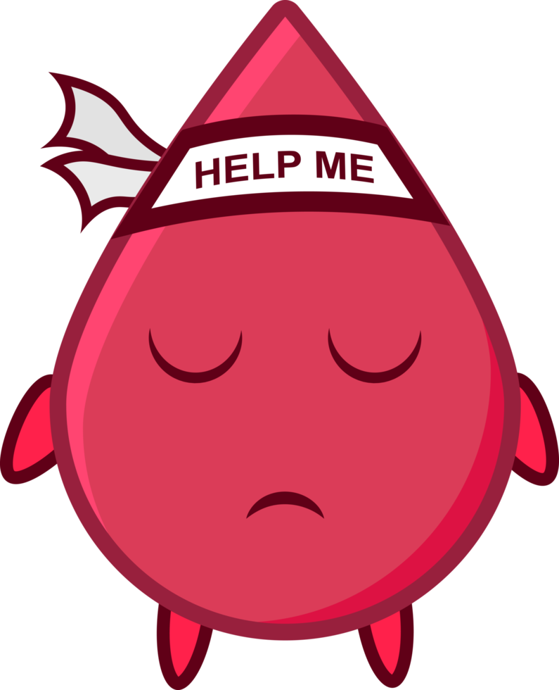 cute character a drop of pale blood with a tired and sick expression wearing a headband that says help me png
