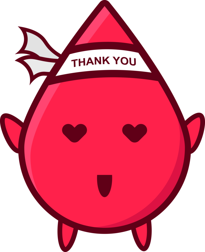 cute character a drop of blood with love shaped eyes and wearing a white headband that says thank you png