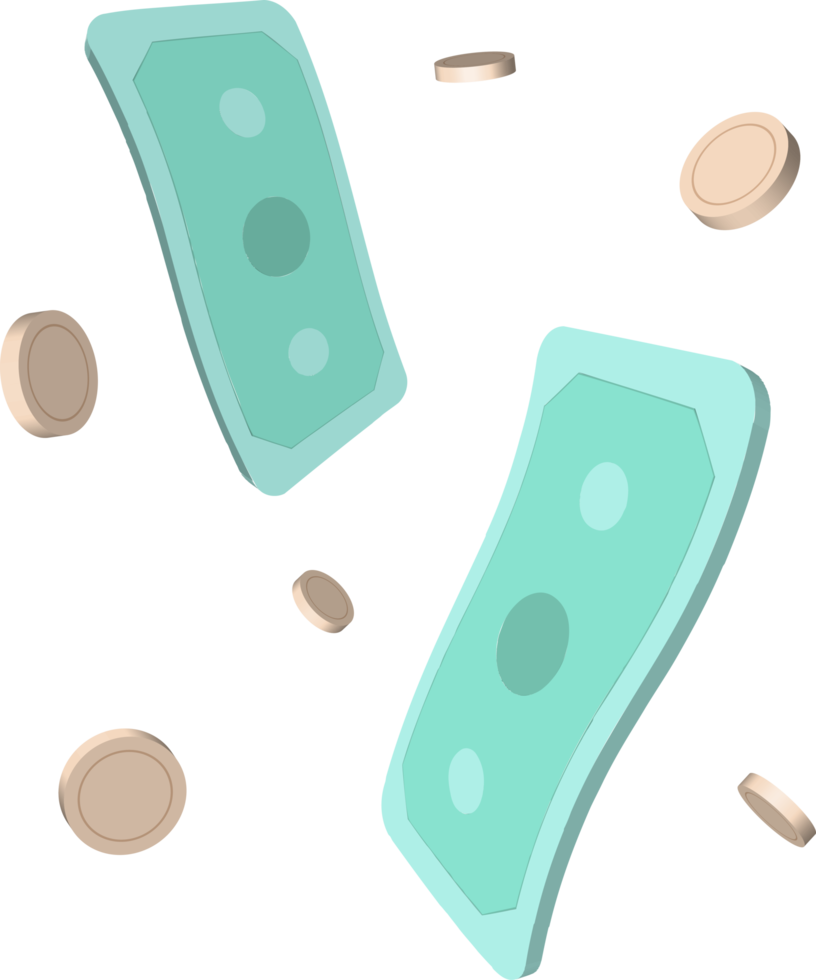 floating falling cash money and coin in 3d style png