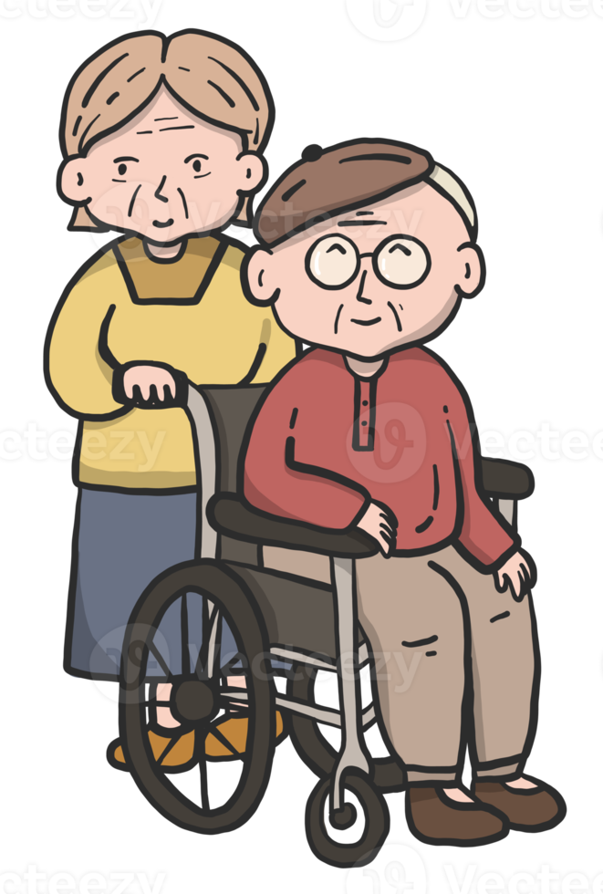 Old couple in love on wheelchair png
