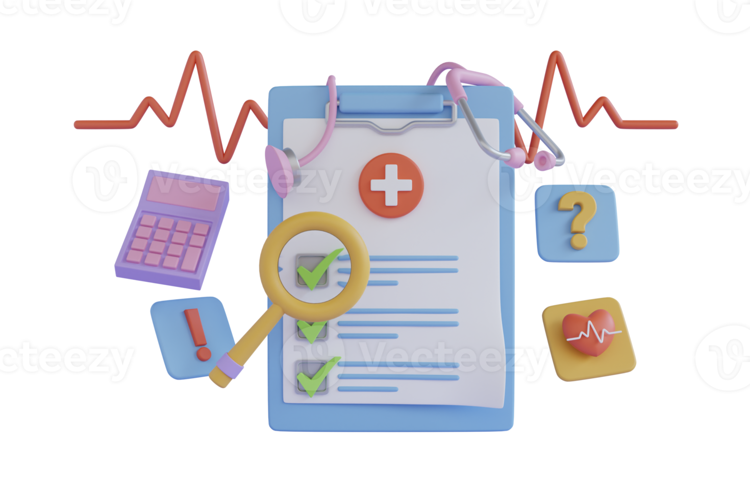 Dokumentieren Sie persönliche Checkliste auf einem Klemmbrett Papierherz mit Herzschlagpulslinie auf blauem Hintergrund. finanzielles Gesundheits- und Krankenversicherungskonzept. 3D-Rendering png