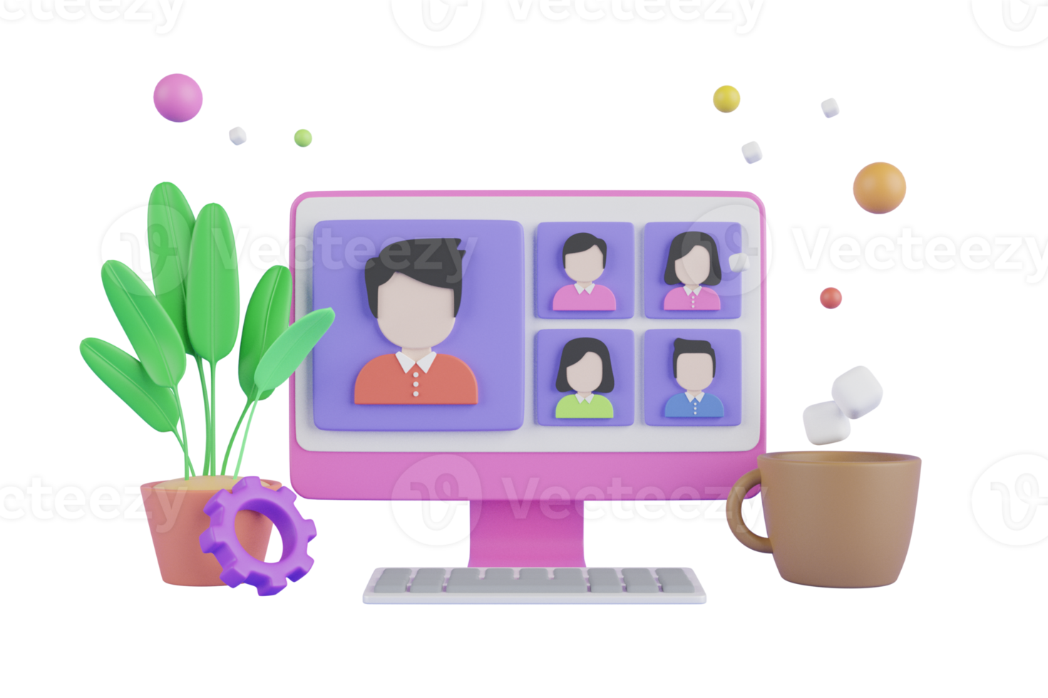 3D illustration of home video call, online work conference concept.Online Meeting, Virtual Conference Video call, Briefing, Teamwork Concept with 3d shapes, chat box, cog, infographic. 3d rendering png