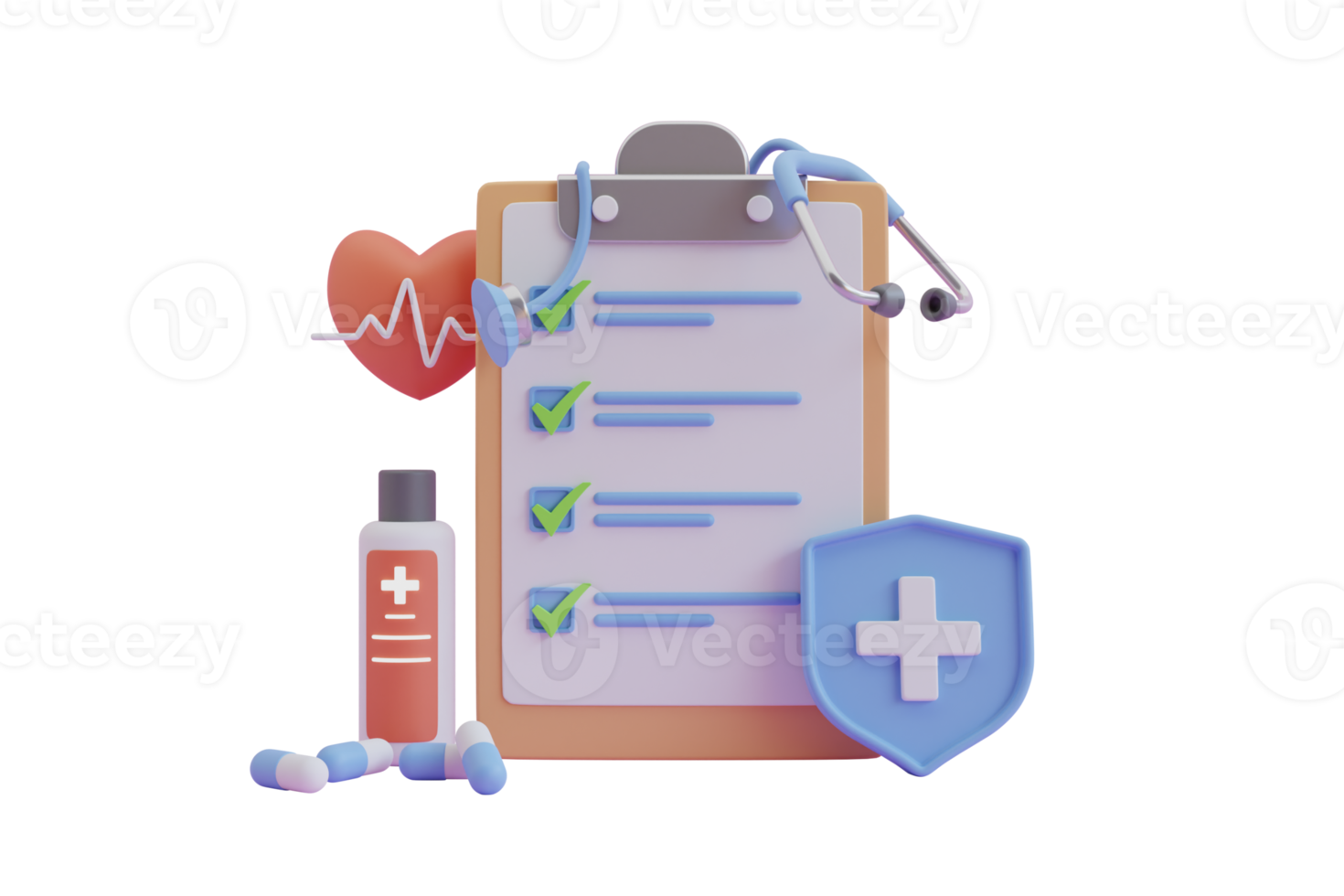 Relatório médico de renderização 3D com tubo de sangue, pílulas e estetoscópio. assinando a lista de verificação de saúde, relatório de check-up médico. ilustração de renderização 3d png