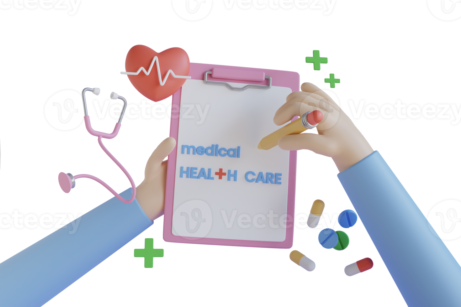 3d render. Doctor's paper form, diagnosis, medical list with medications.document personal information Checklist on a clipboard paper heart with heartbeat pulse line. png