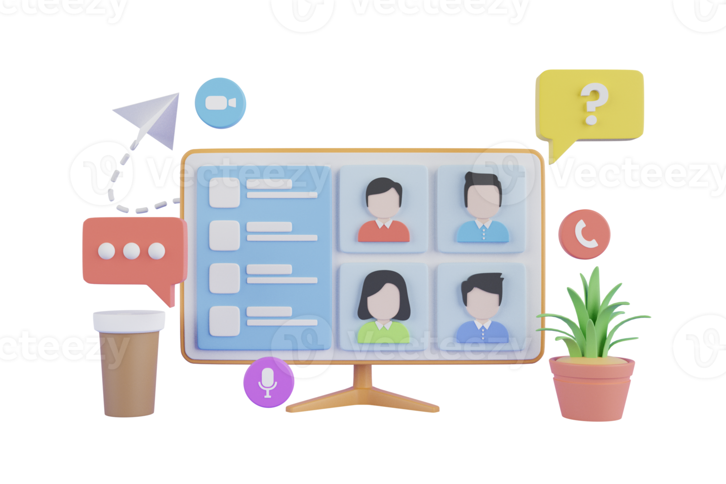 3D-Darstellung von Online-Meetings, Videoanrufen zu Hause, Online-Arbeitskonferenzkonzept. virtuelle klasse, teambildung. Remote-Meeting, digitaler Business-Chat. 3D-Rendering png