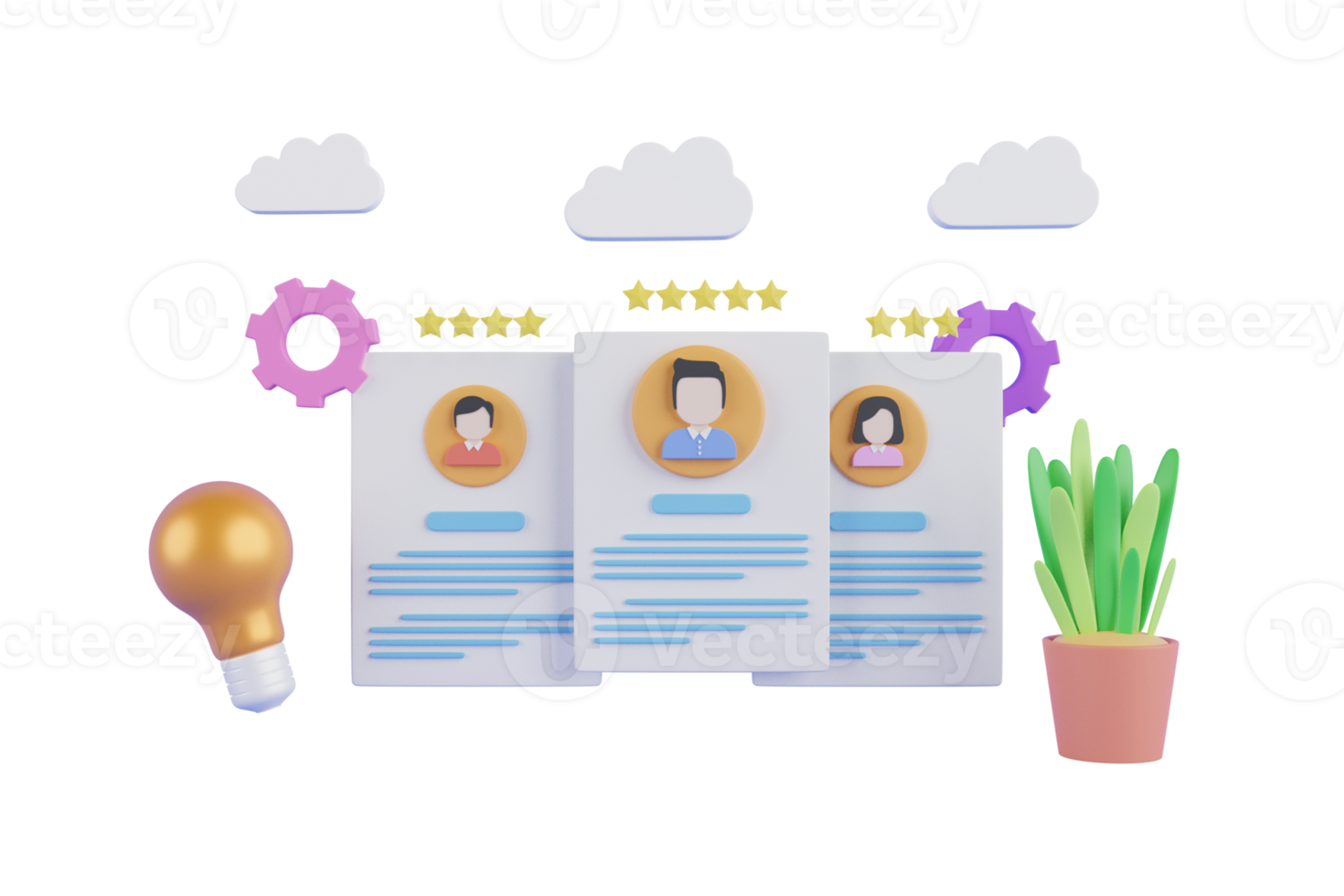 3D online job research HR resume concept, vector human search digital illustration. Candidate profile icon with a rating. 3D CV icon. 3d rendering png
