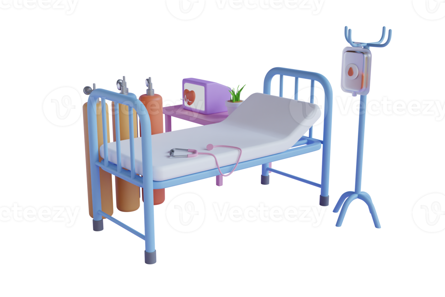 Das Bett des Patienten ist von einem Pulsmesser, einem Kochsalzschlauch, einem Stethoskop und einem chirurgischen Gerät auf violettem Hintergrund umgeben. 3D-Rendering png