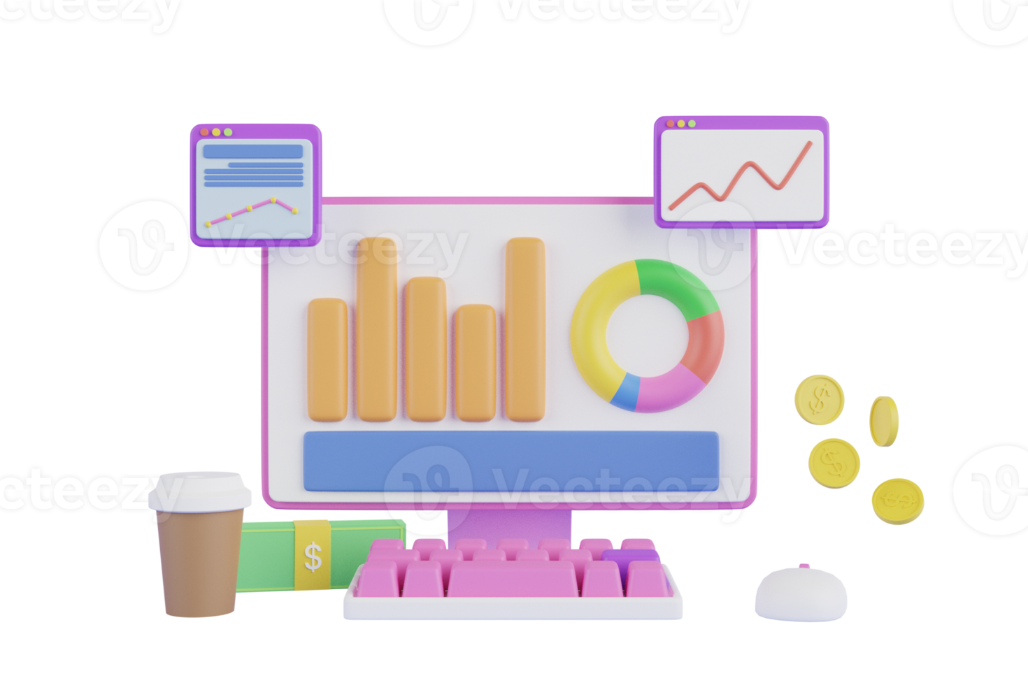 Gráficos 3D e gráfico com marca de seleção, análise de dados financeiros de negócios. gráficos, gráfico com análise de dados financeiros de negócios, marketing online, seta, cheque, banco, prédio da administração fiscal, moedas isoladas. png