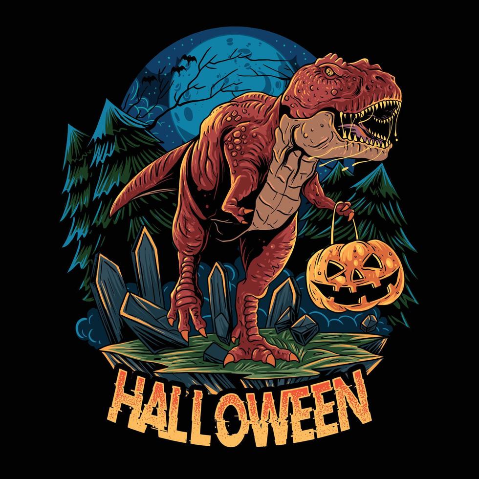 Halloween T-Rex Dinosaur Brings Pumpkin vector
