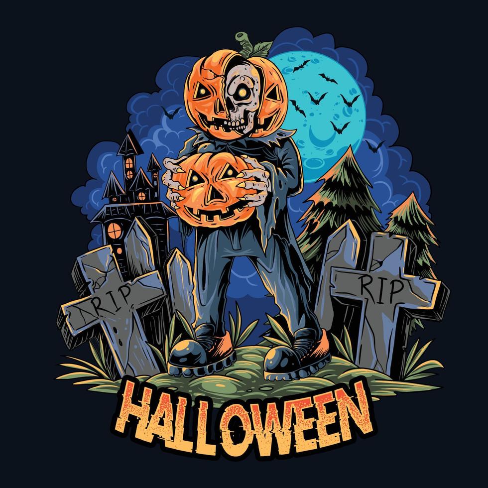 los zombis de halloween traen calabazas de halloween por la noche vector