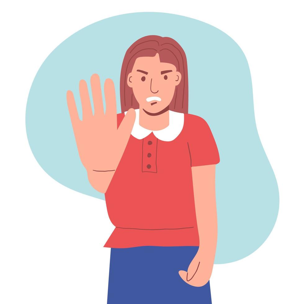 A frightened woman puts her hand forward. Stop gesture. Human emotion vector