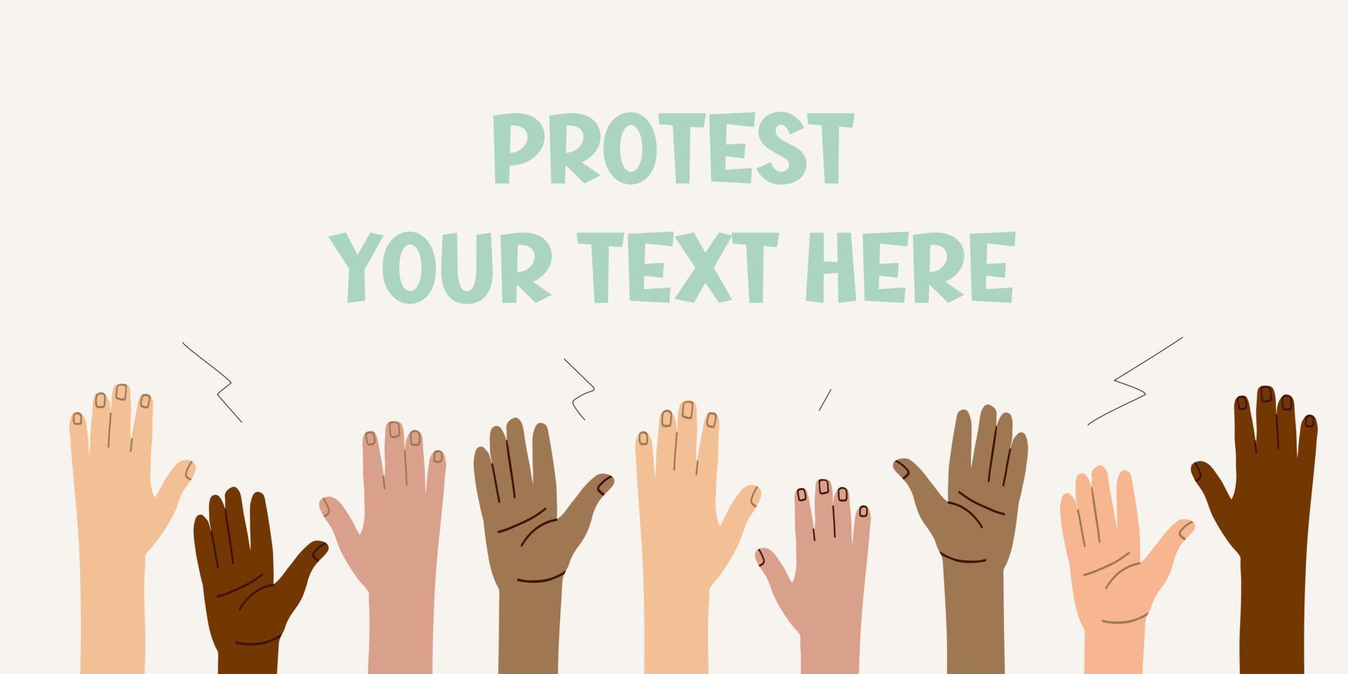 Raised hands of people of different nationalities and races. Protest and strike. Fighting for their rights. Men and women express dissatisfaction and defend their position vector