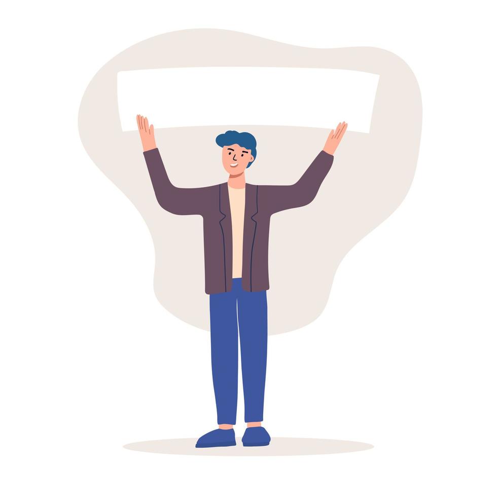 man is an activist holding a blank banner. Protest for human rights and social equality. Advertising template or ad. Participation in a peaceful demonstration. vector