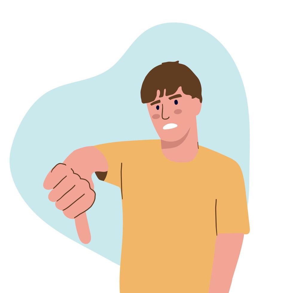 Angry man puts his thumb down. A gesture of disapproval. Negative emotion of the man. disliked. vector