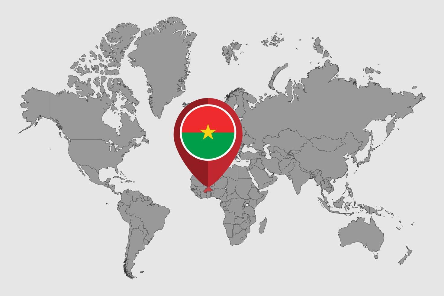 Pin map with Burkina Faso flag on world map. Vector illustration.