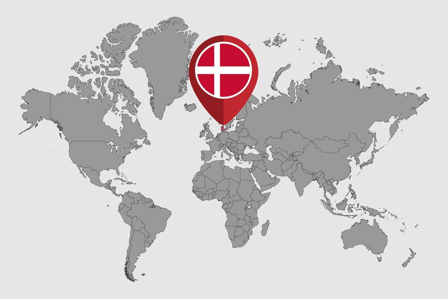 Pin map with Denmark flag on world map. Vector illustration.