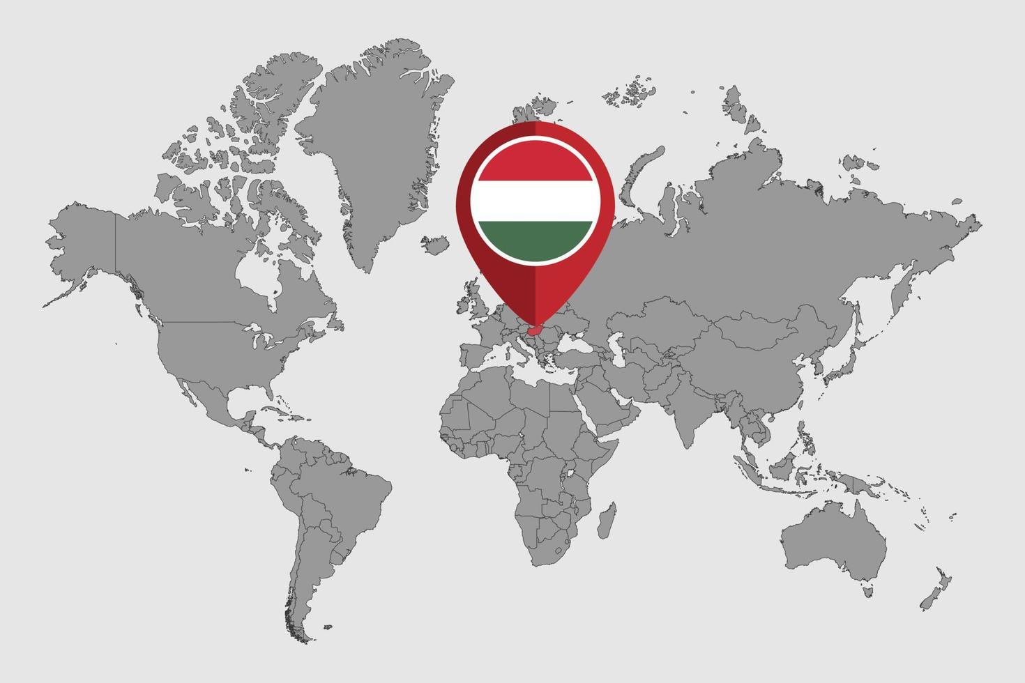 pin mapa con bandera de hungría en el mapa mundial. ilustración vectorial vector