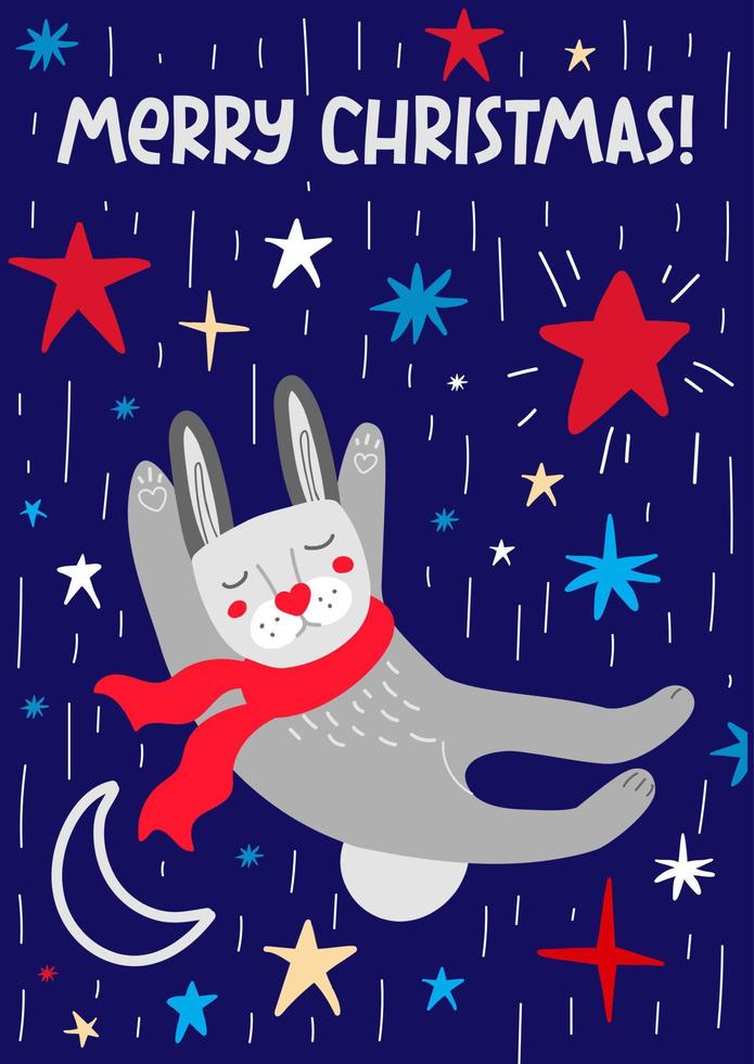 Funny rabbit in a red scarf sleeps against the background of the starry sky vector