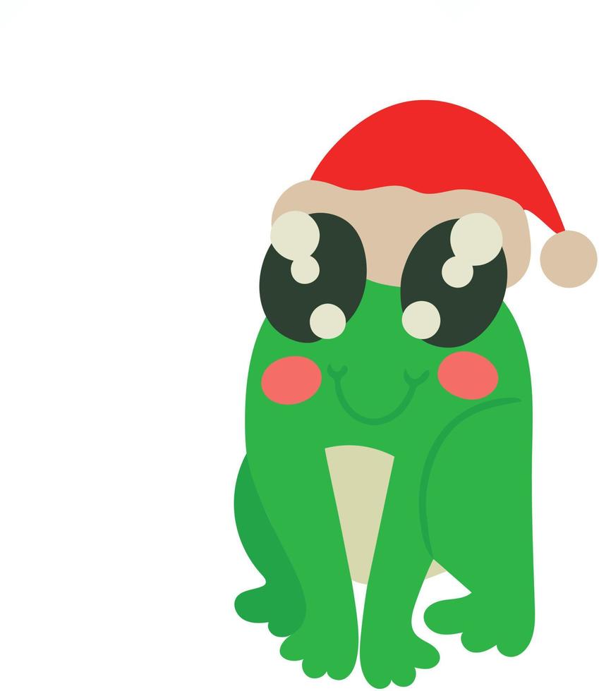 Cute cartoon frog of green color with christmas hat on its head. Vector illustration isolated on white background