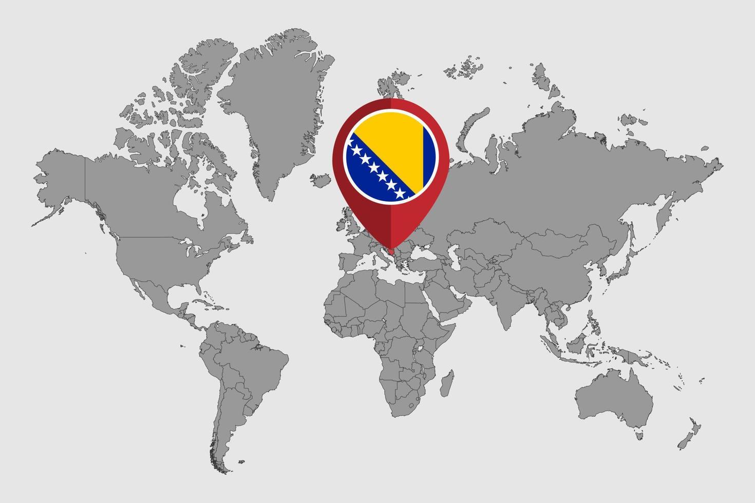 Pin map with Bosnia and Herzegovina flag on world map. Vector illustration.