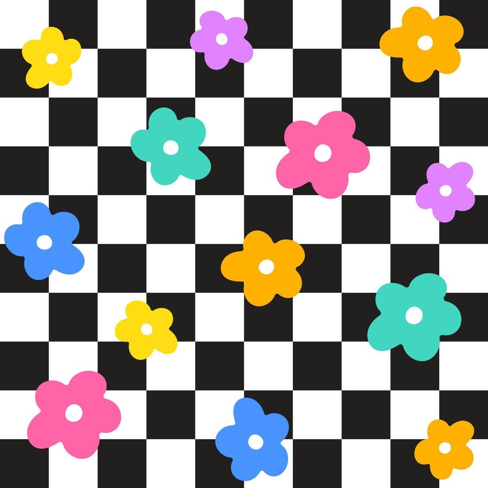 mantel de ilustración de patrón de guinga a cuadros de cuadros negros con flor de margarita de color arcoíris pastel, papel de envoltura de tapete de picnic, tapete, tela, textil, bufanda vector