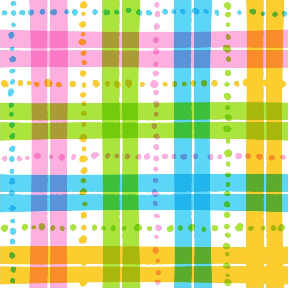 Pastel Rainbow Cute Line Stripe Striped Dash Line Dot Plaid Checkered Scott Tartan Gingham Bright Color Colorful Summer Cartoon Vector Seamless Pattern Textile Fabric Print Background