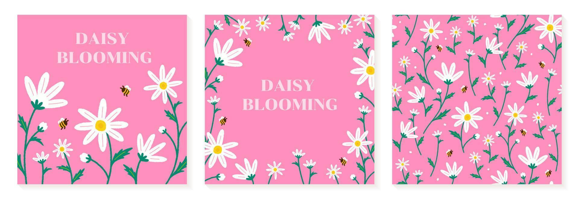 Cute Daisy Flower on Field Bee Spring White Pink Wedding Invitation Card Template Frame Border Banner Advertisement Post Postcard Square Seamless Pattern Vector Illustration Set Collection Bundle Pack