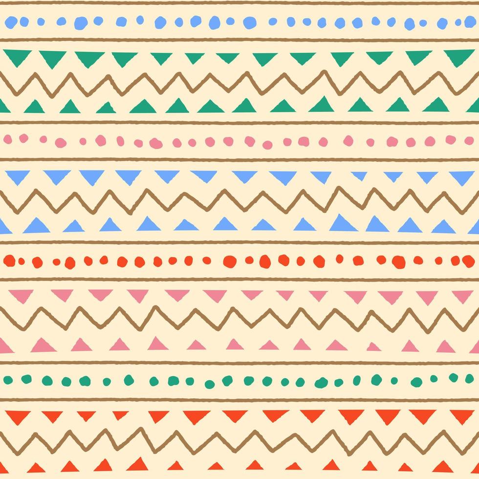 Ethnic Tribal Geometric Folk Indian Scandinavian Gypsy Mexican Boho African Ornament Texture Seamless Pattern Zigzag Dot Line Horizontal Stripes Color Print Textiles Background Vector Illustration