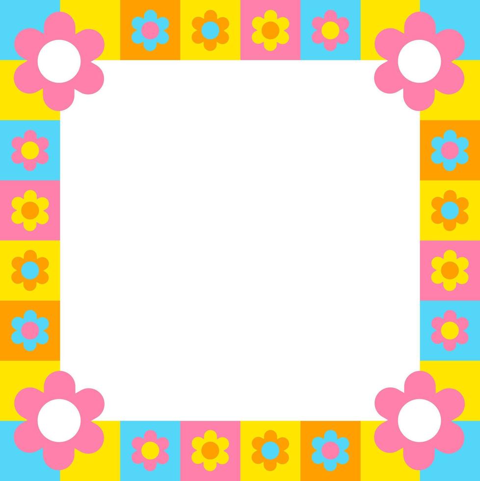 Pastel Blue Pink Yellow Orange Color Daisy Flower Check Checkered Plaid Gingham Pattern Illustration Frame and Border Tablecloth, Picnic mat wrap paper, Mat, Fabric, Textile, Scarf vector