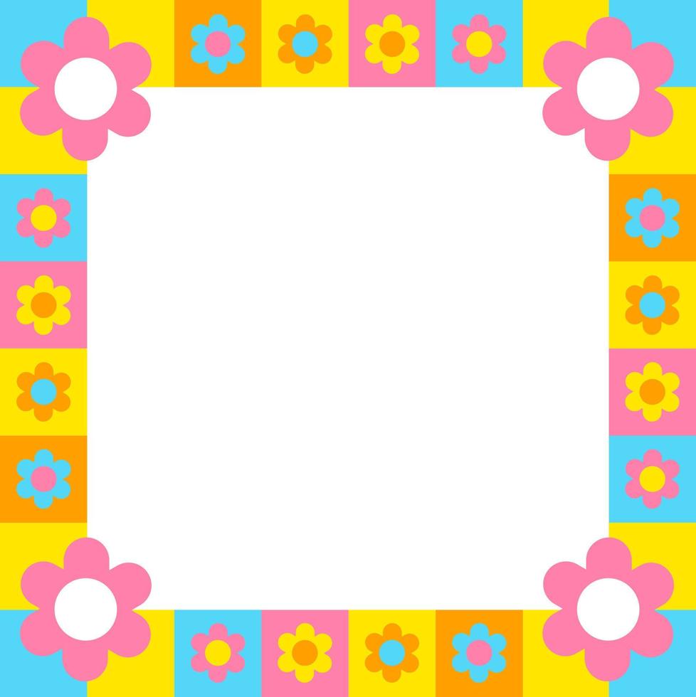 Pastel Blue Pink Yellow Orange Color Daisy Flower Check Checkered Plaid Gingham Pattern Illustration Frame and Border Tablecloth, Picnic mat wrap paper, Mat, Fabric, Textile, Scarf vector