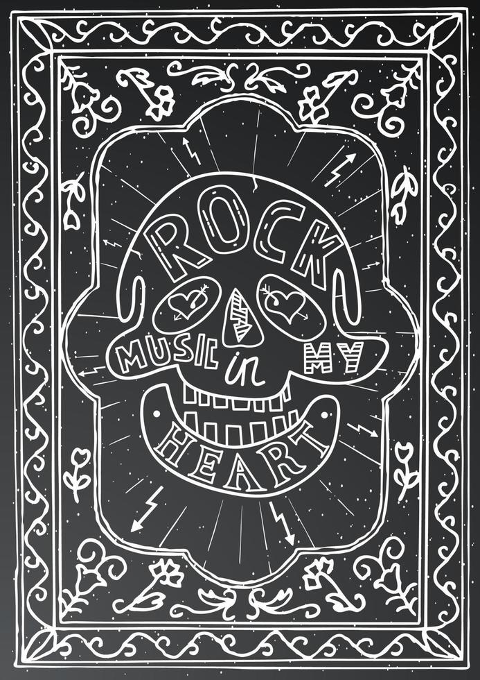 música rock en mi corazón. diseño de letras dibujadas a mano con calavera. vector