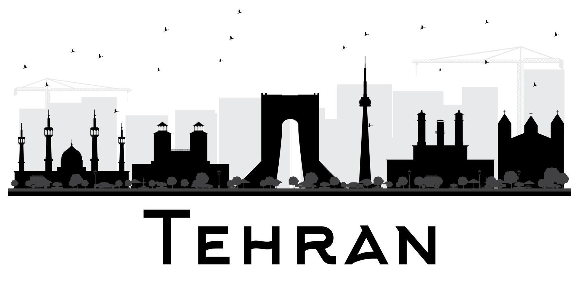 Tehran City skyline black and white silhouette. vector