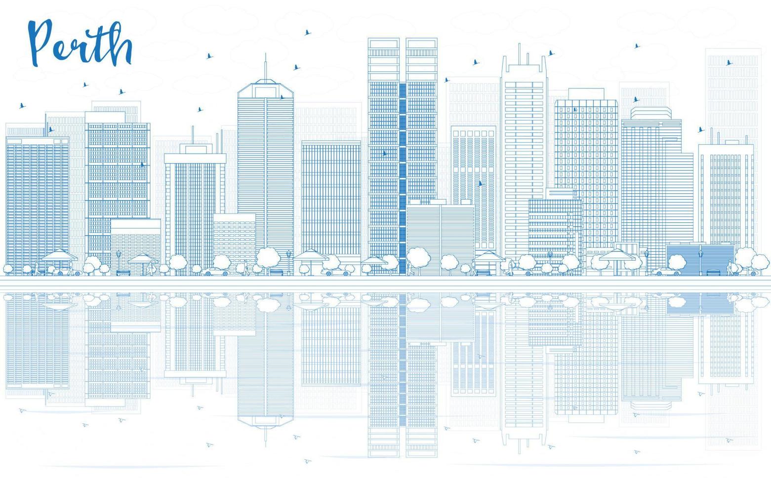 Outline Perth skyline with blue buildings and reflections. vector