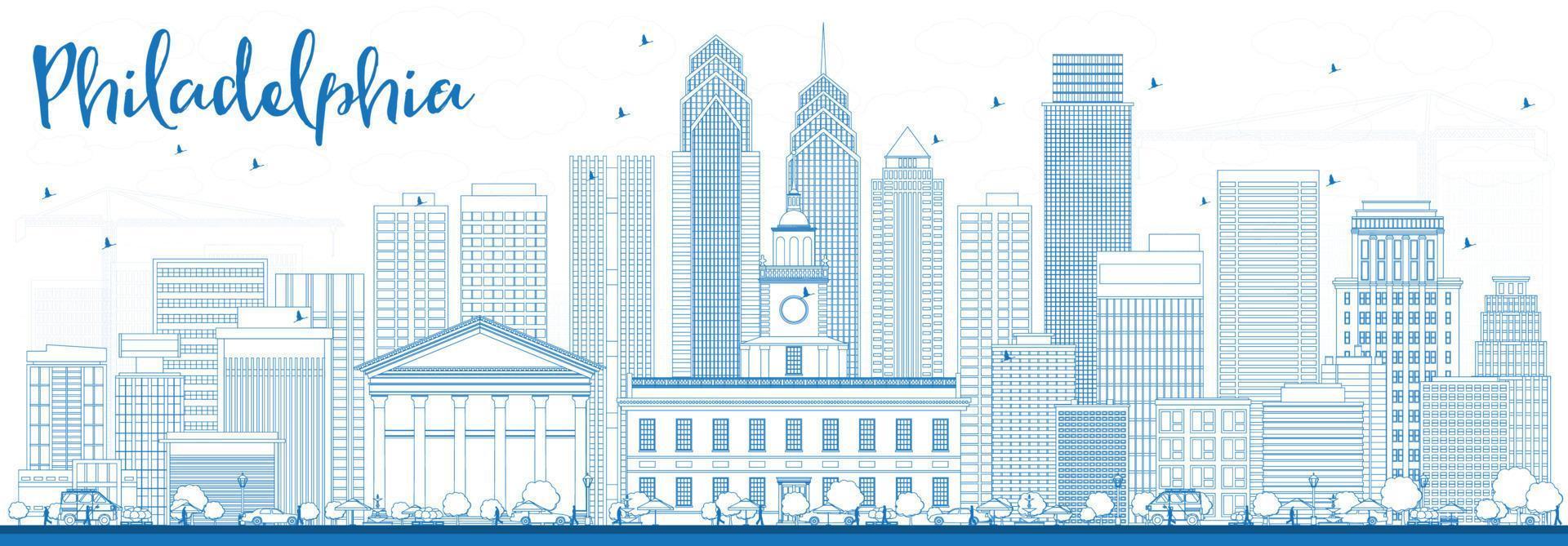 Outline Philadelphia Skyline with Blue Buildings. vector