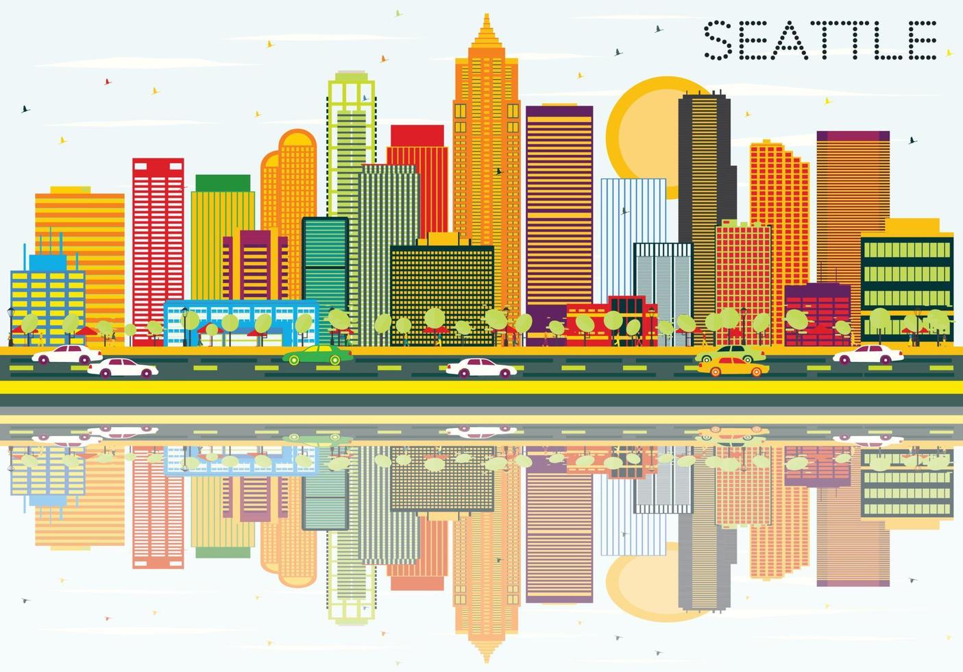 Abstract Seattle Skyline with Color Buildings and Reflections. vector
