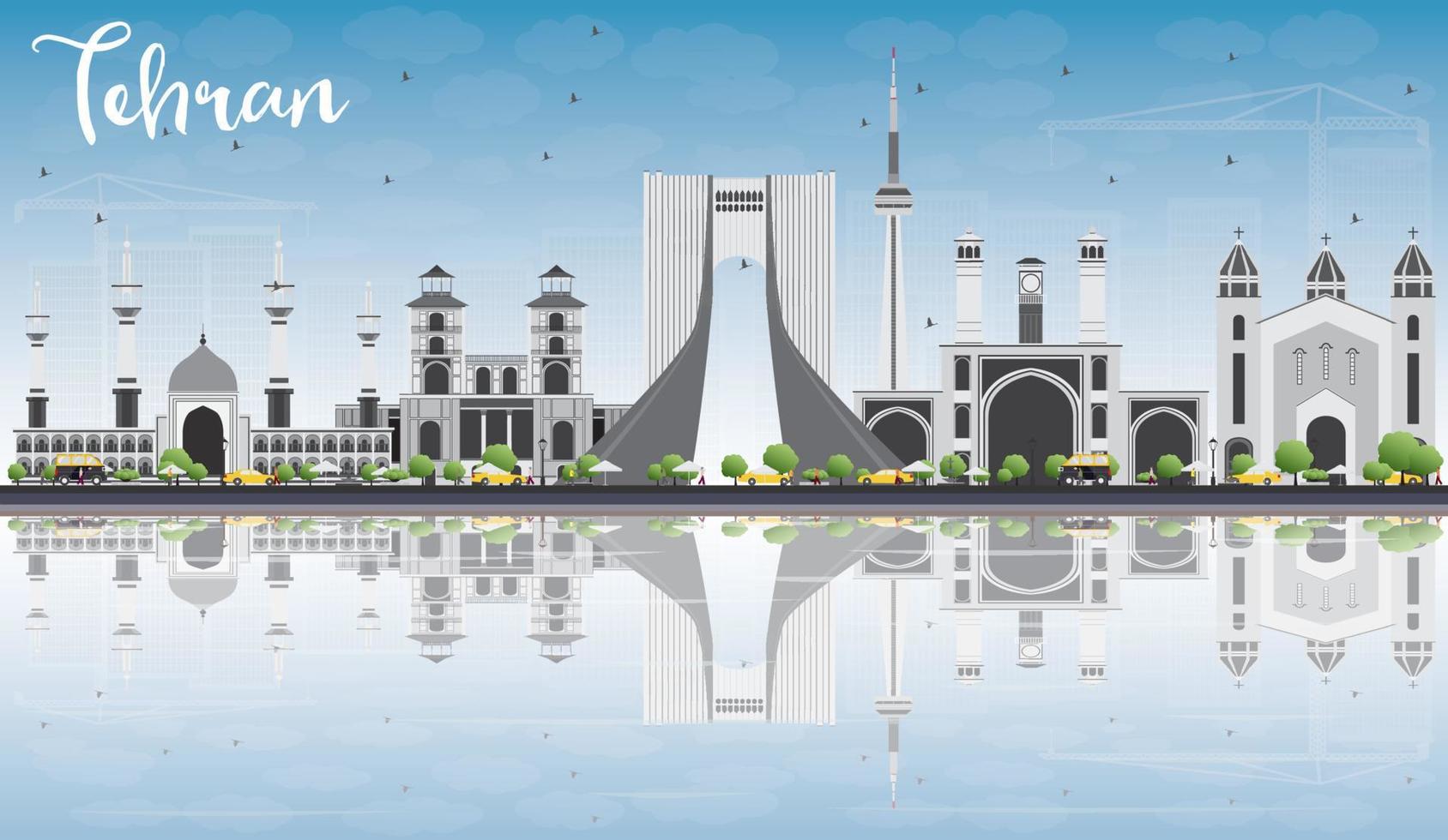 Tehran Skyline with Gray Landmarks, Blue Sky and Reflections. vector