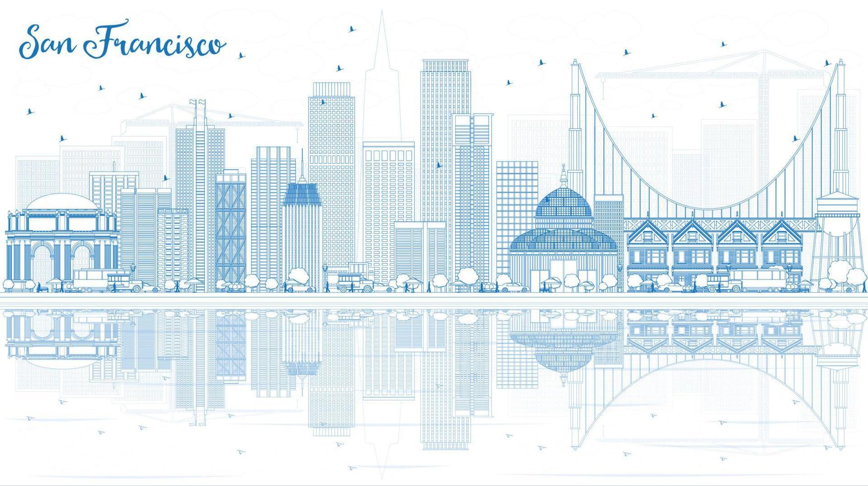 Outline San Francisco Skyline with Blue Buildings and Reflection. vector