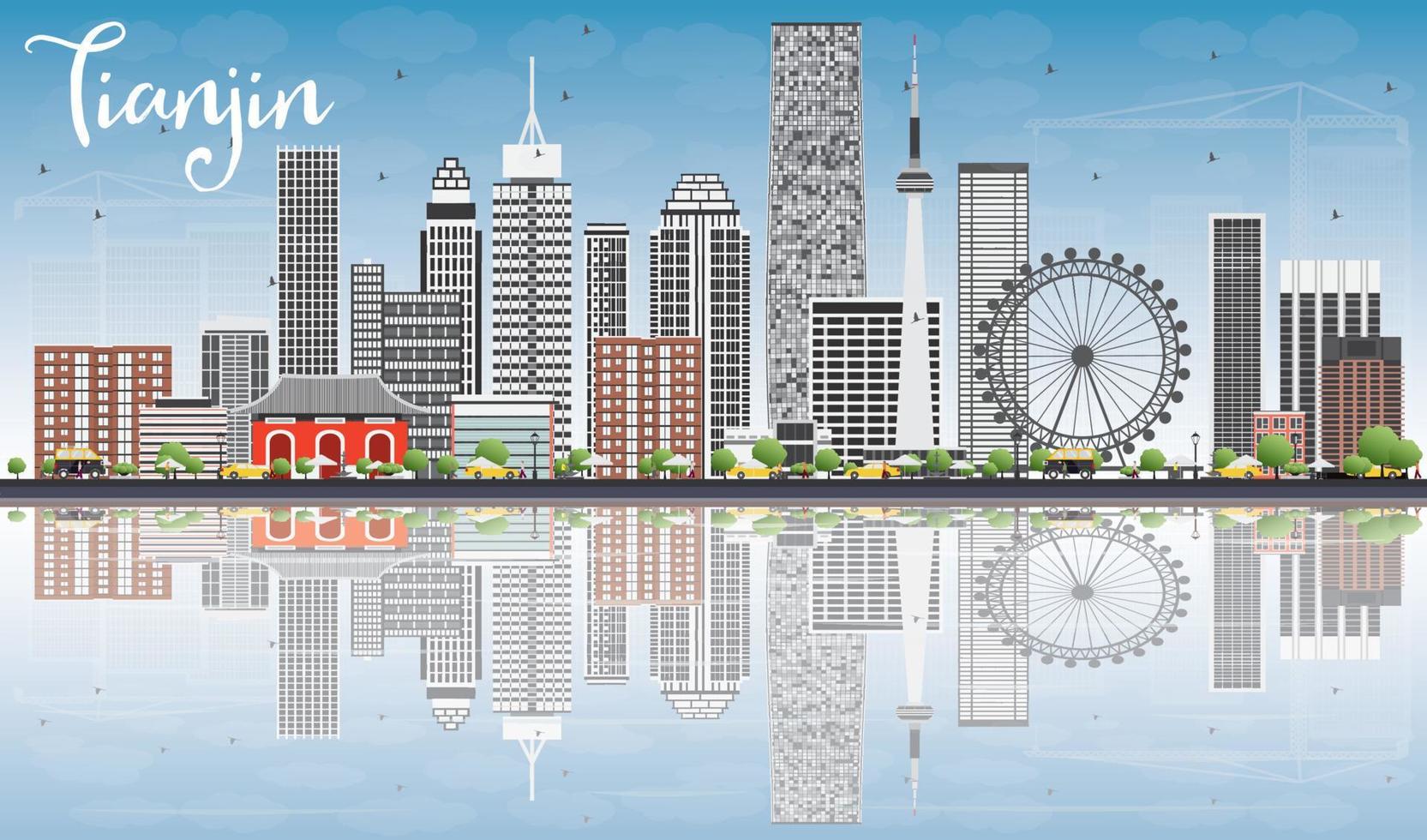 Tianjin Skyline with Gray Buildings, Blue Sky and Reflections. vector