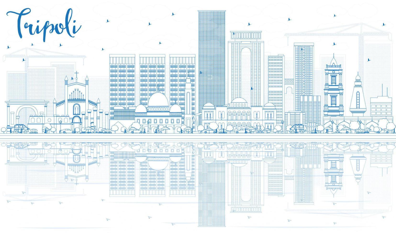Outline Tripoli Skyline with Blue Buildings and Reflections. vector