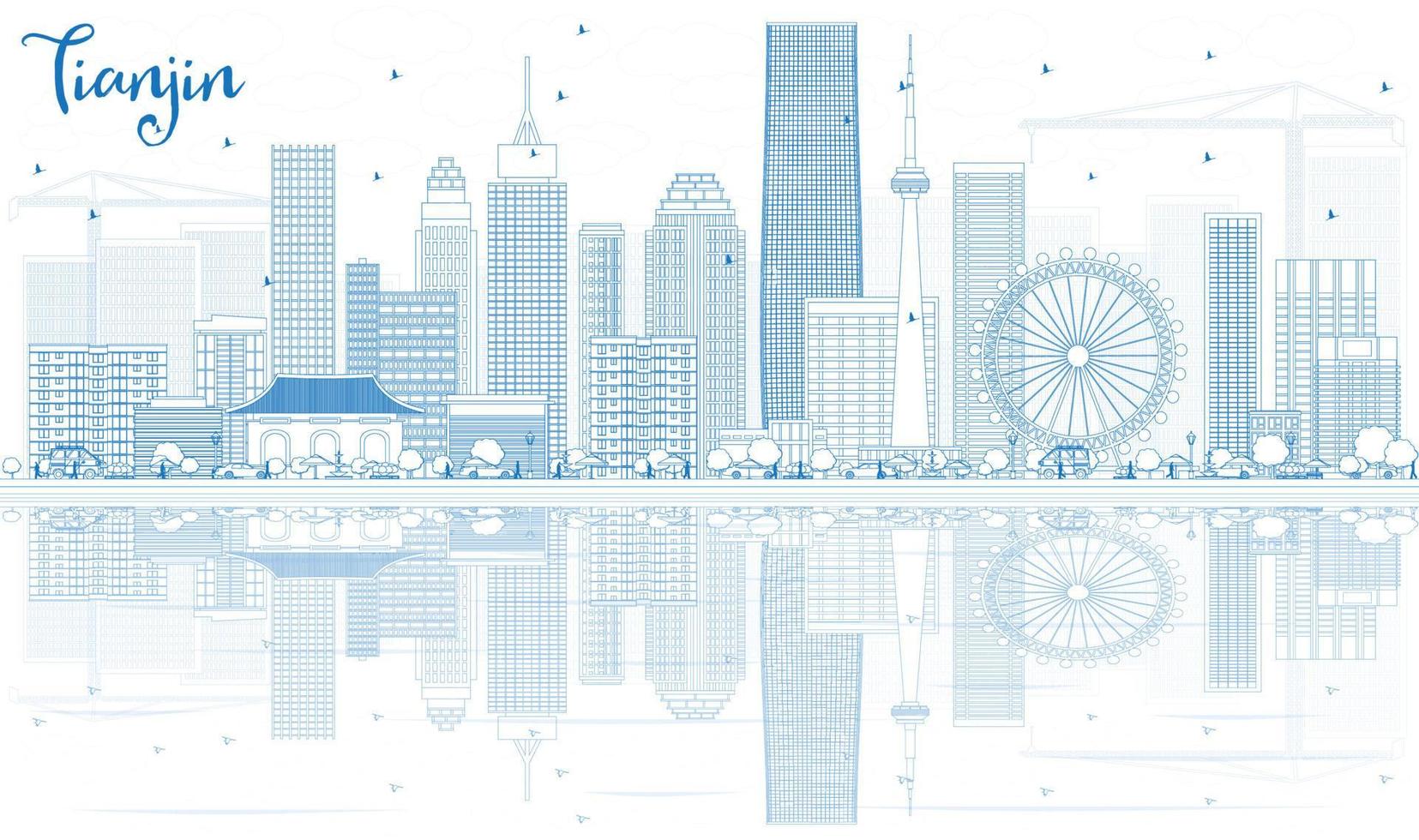 Outline Tianjin Skyline with Blue Buildings and Reflections. vector