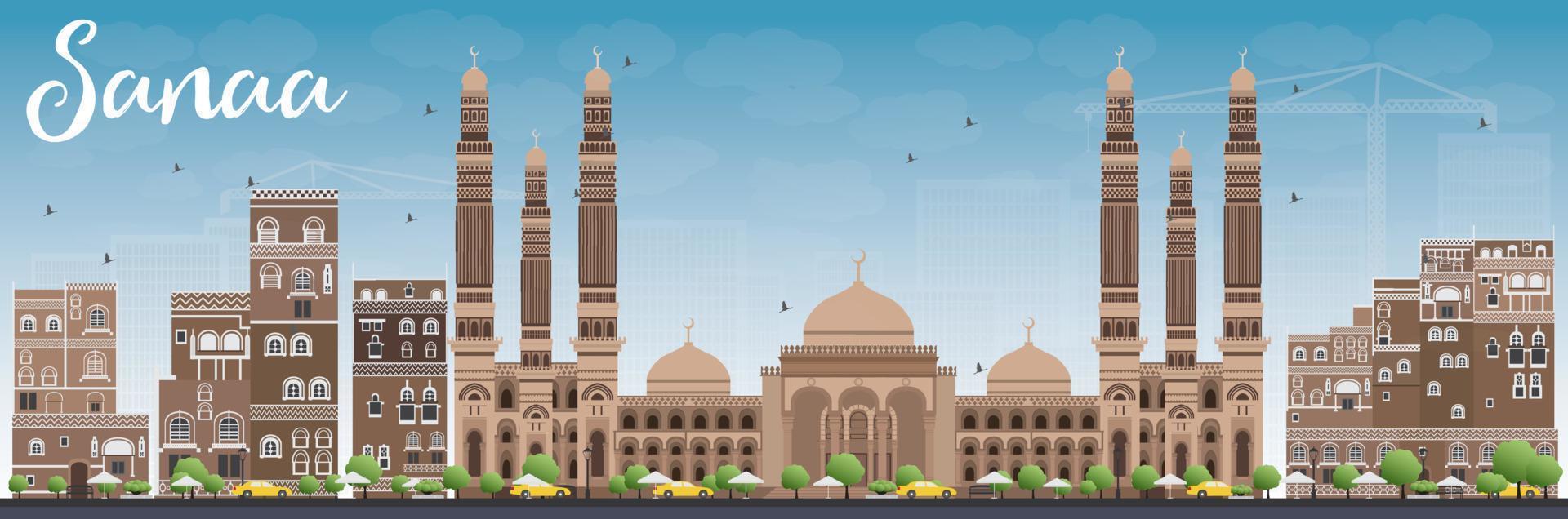 Sanaa Yemen Skyline with Brown Buildings and Blue Sky. vector