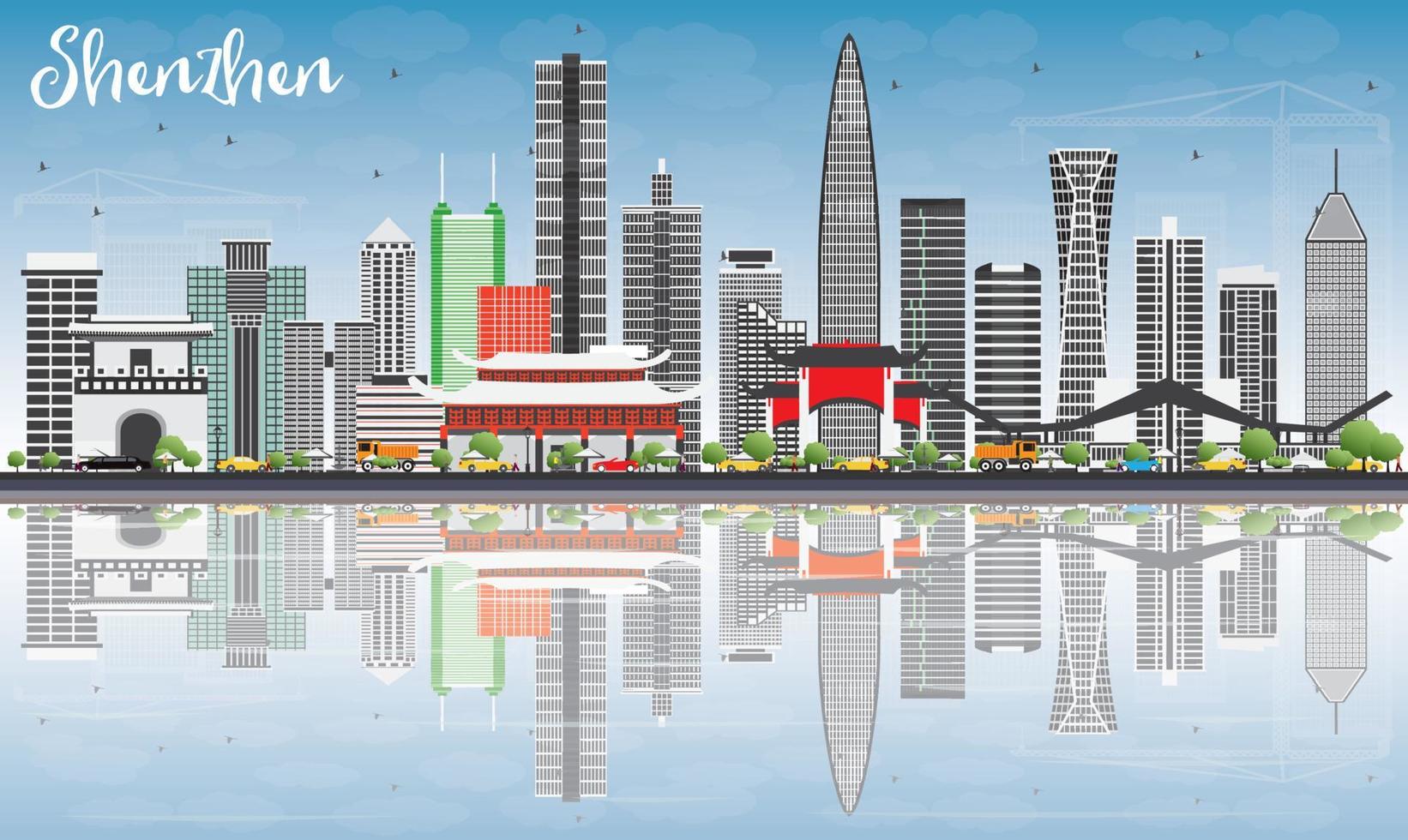 Shenzhen Skyline with Gray Buildings, Blue Sky and Reflections. vector