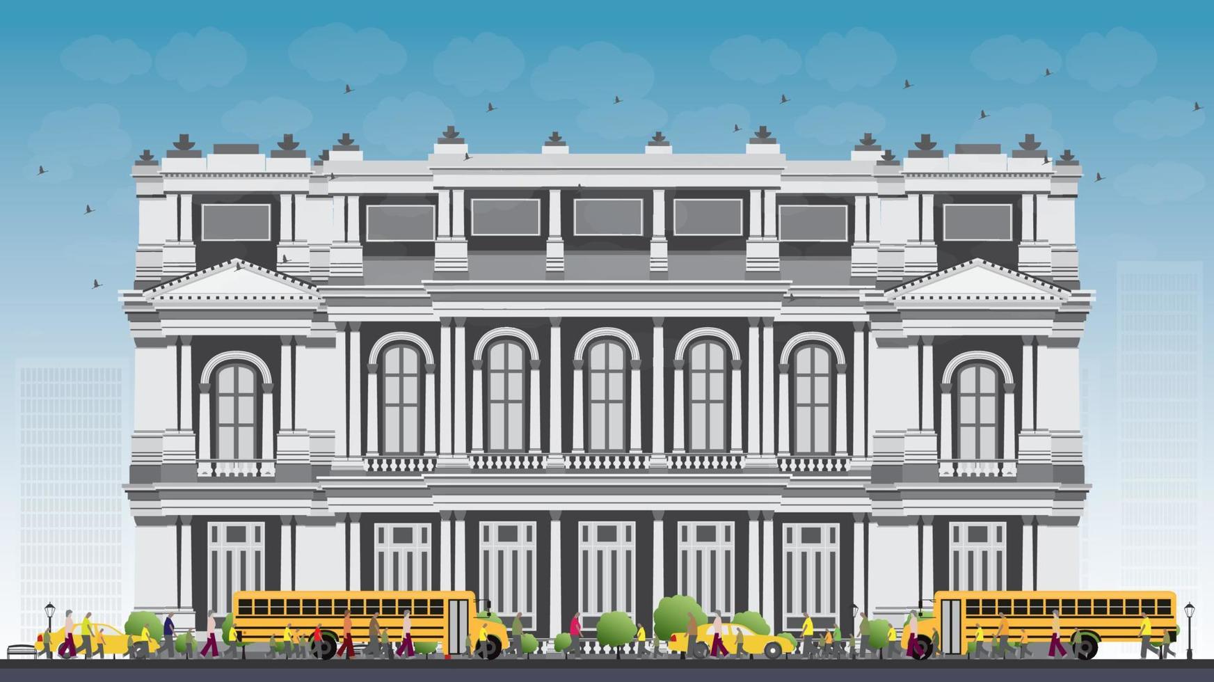 paisaje con autobús escolar, edificio escolar y personas. vector