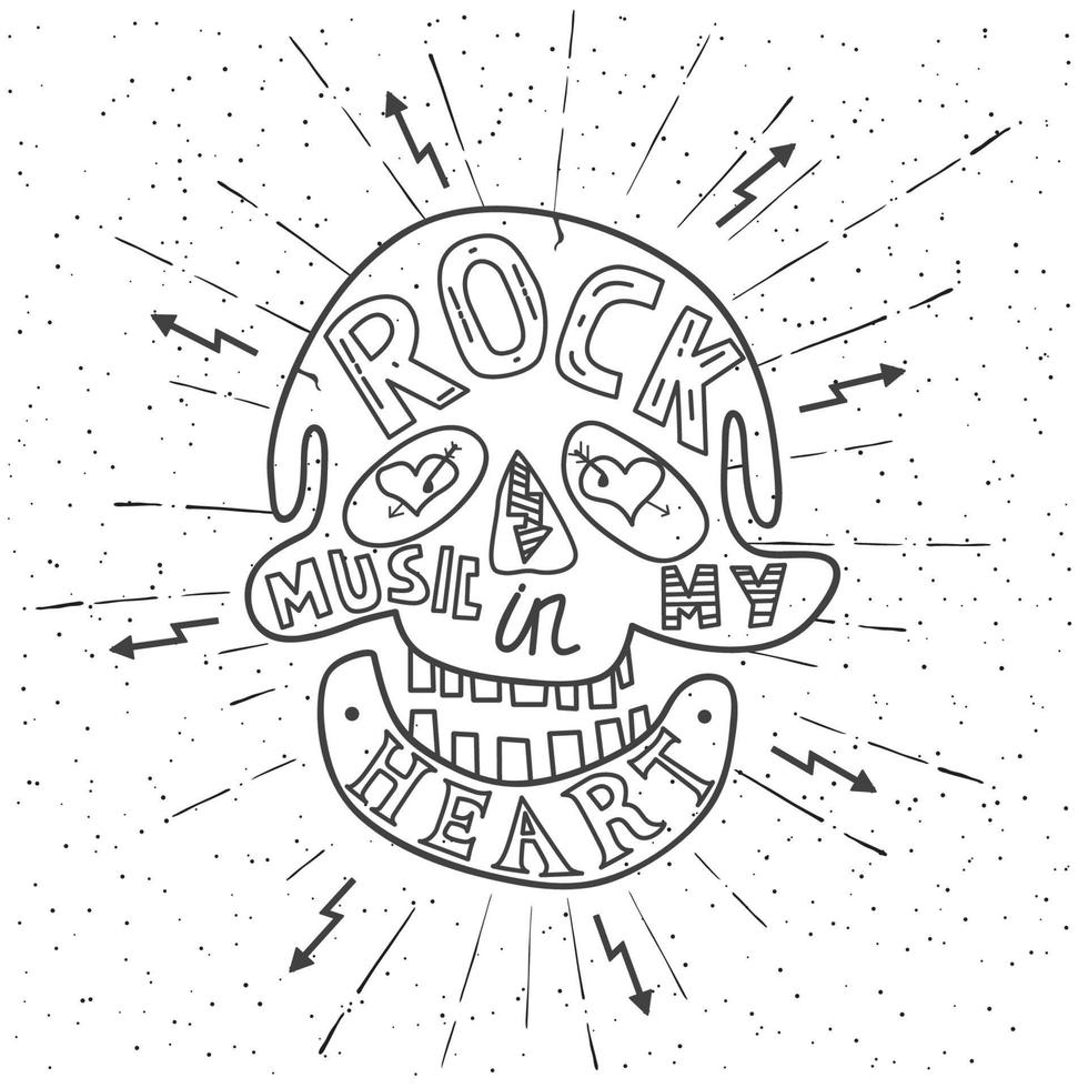 música rock en mi corazón. diseño de letras dibujadas a mano con calavera. vector