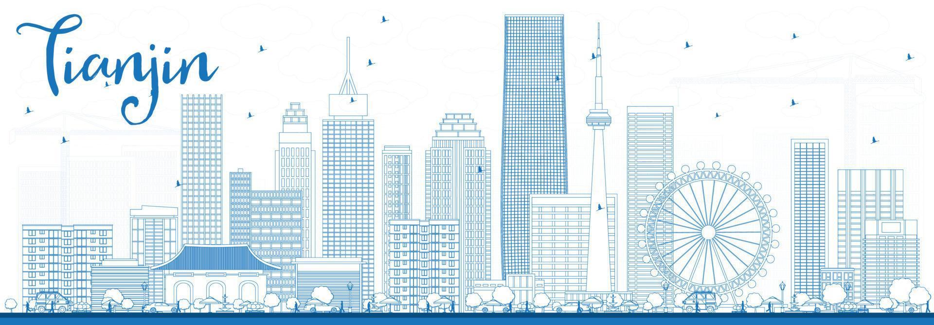 Outline Tianjin Skyline with Blue Buildings. vector