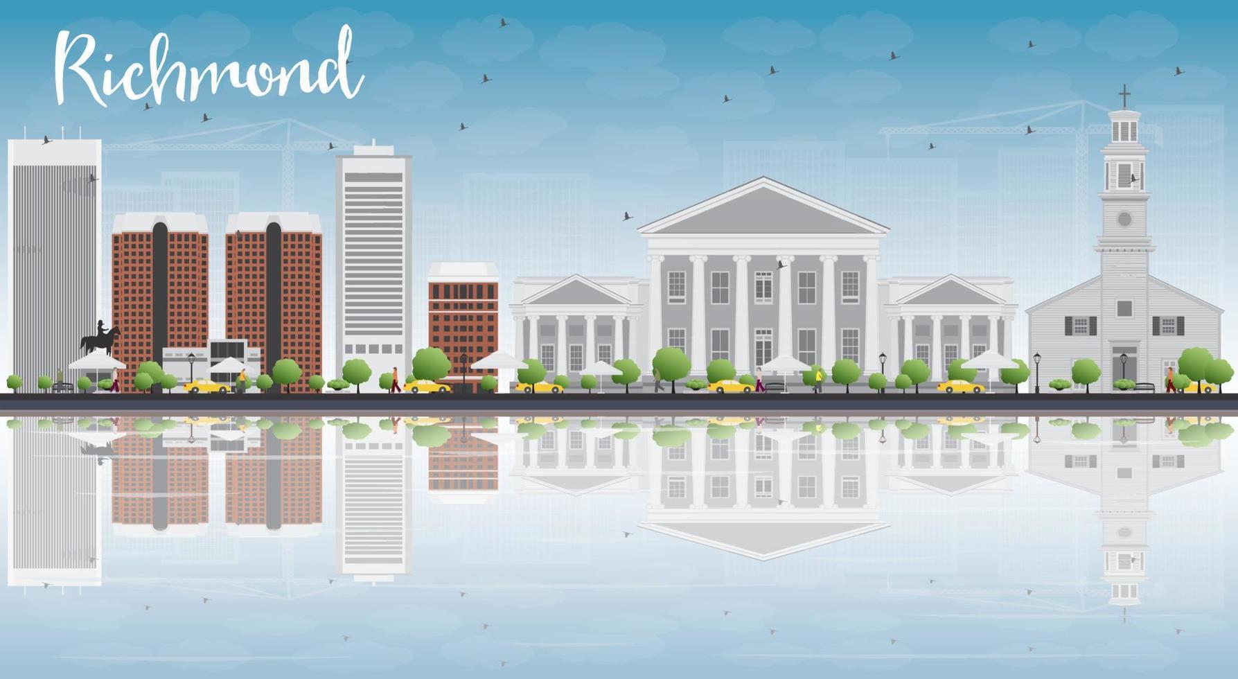 Richmond Virginia Skyline with Gray Buildings, Blue Sky and Reflections. vector