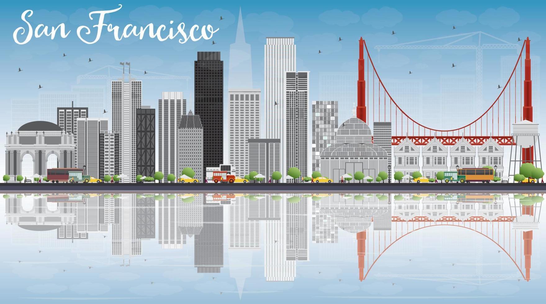 San Francisco Skyline with Gray Buildings, Blue Sky and Reflection. vector