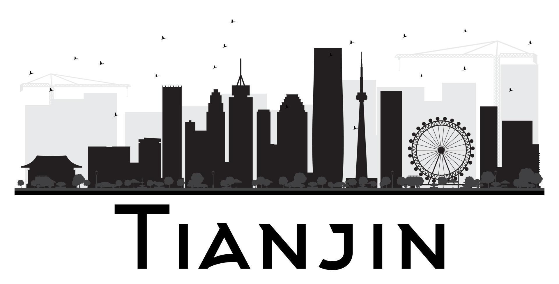 Tianjin City skyline black and white silhouette. vector