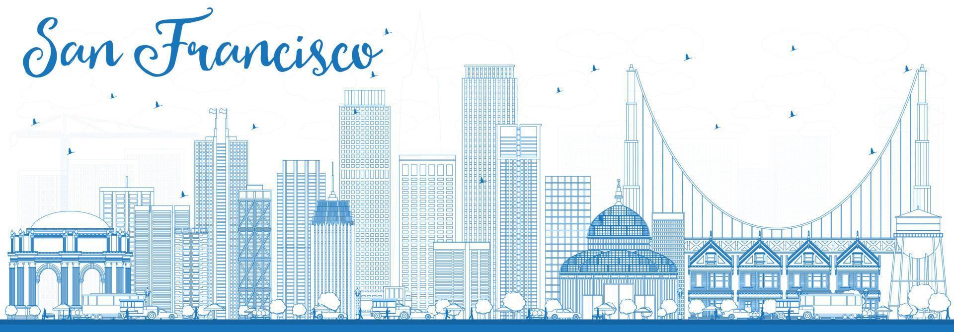 Outline San Francisco Skyline with Blue Buildings. vector