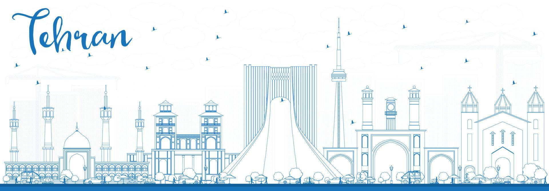 Outline Tehran Skyline with Blue Landmarks. vector